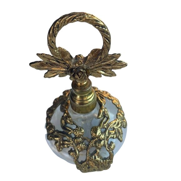 Vintage Ornate Brass & Glass Perfume Bottle With Floral Design - Picture 4 of 6